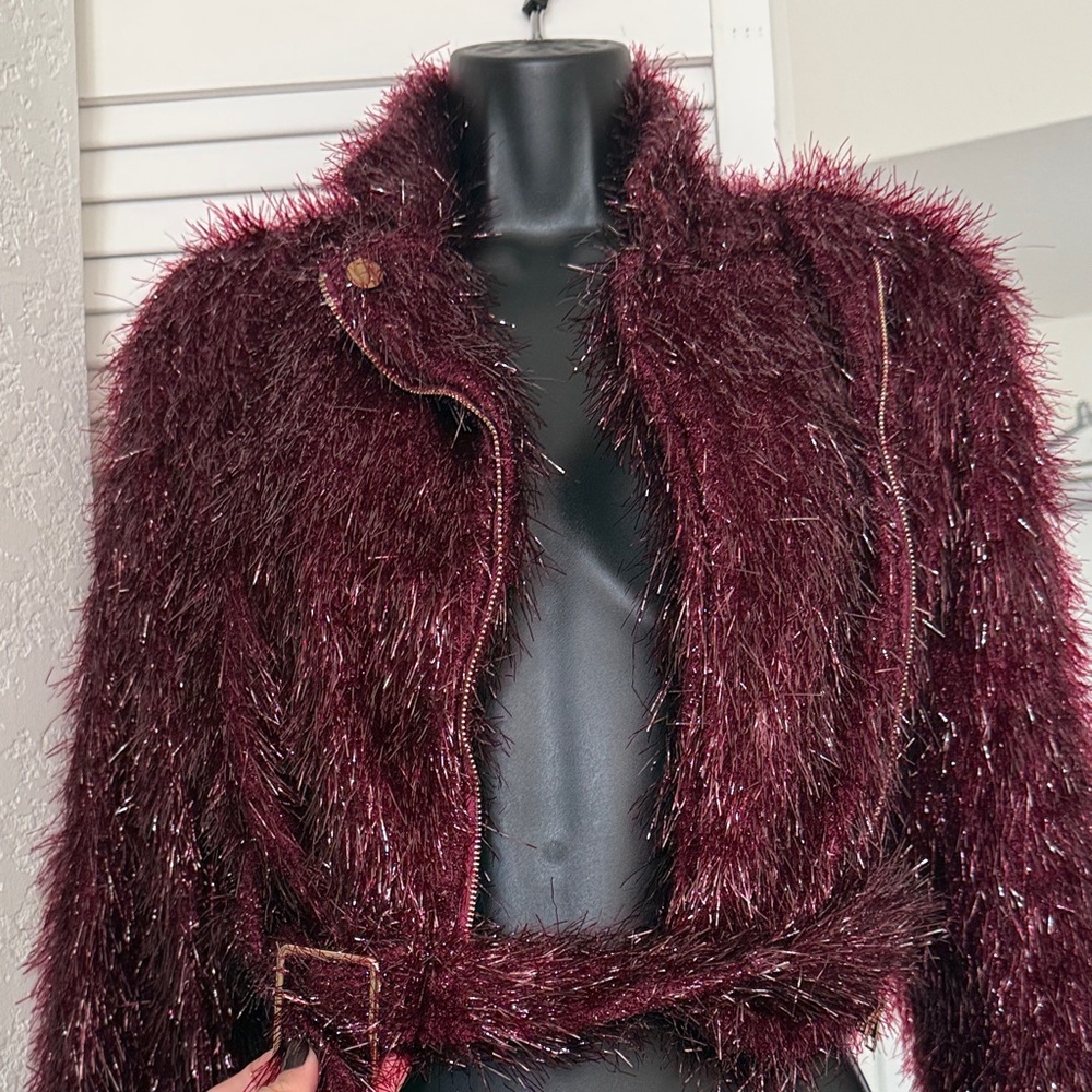Holiday Burgundy Fuzzy Fur Jacket w|Belt